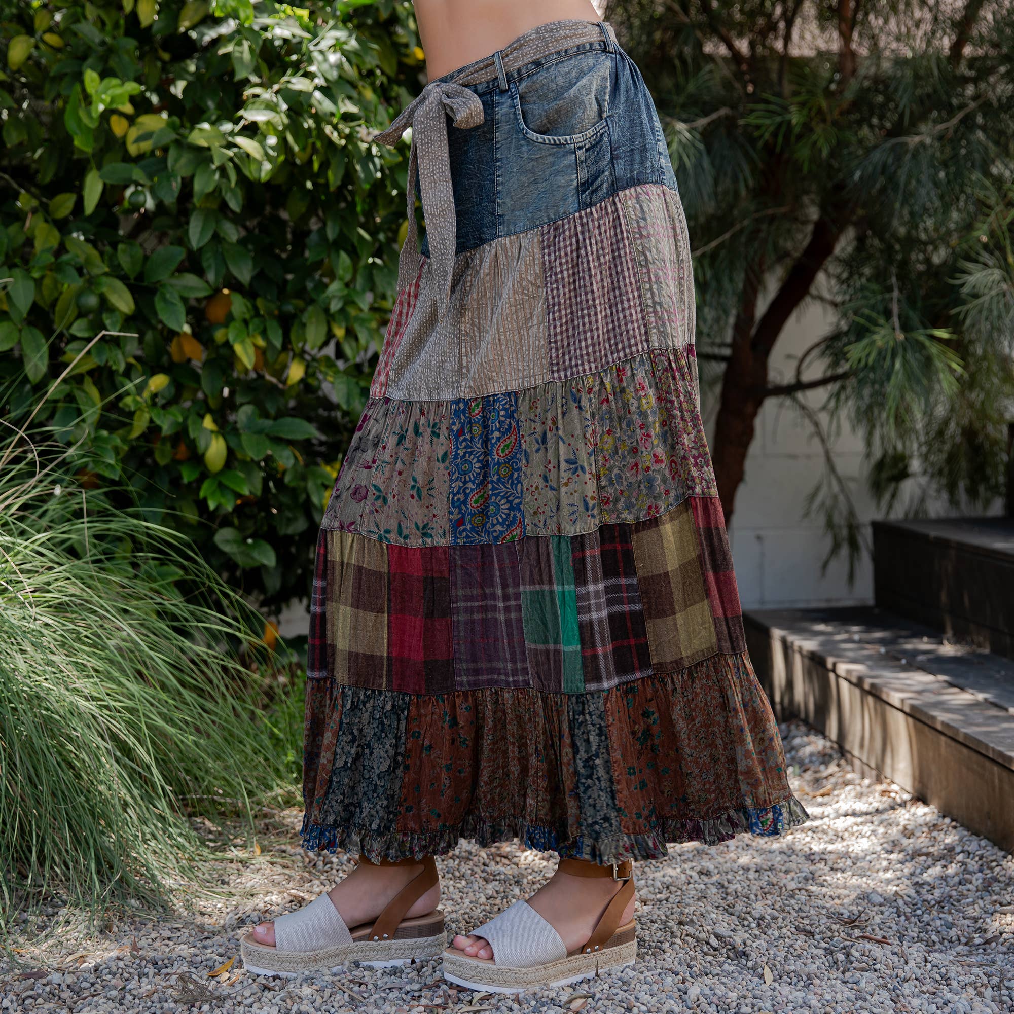 Young Threads - Wholesale Skirt - Women's - Western Boho Chic: Patchwork Belted Skirt  (New Color)15