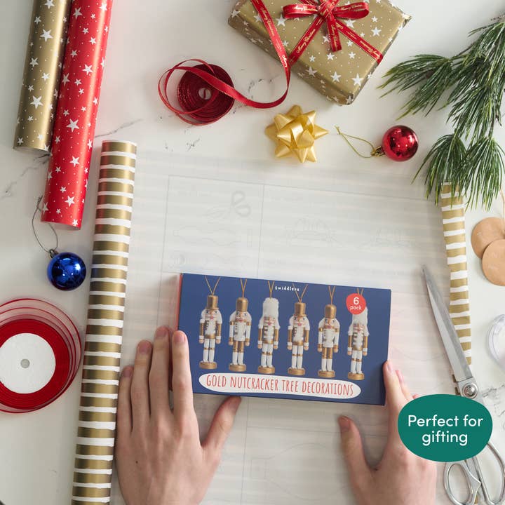 The Twiddlers - Wholesale Christmas Decoration - 6 Gold Wooden Christmas Nutcracker Soldier Ornaments, 10cm