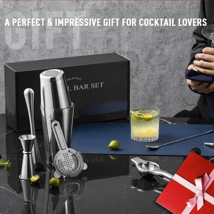 Brown portable bartender bag with cocktail shaker 24 piece traveling bar tools cocktail kit mixology stainless steel for wholesale on Faire