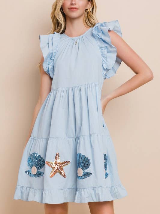 Plus Seashell Sequin patch tiered mini dress for wholesale by Oddi