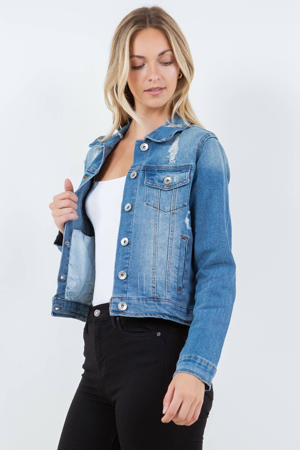 Veracci – Casaco de ganga - Mulher por atacado – Jaqueta jeans trucker clássica com stretch12