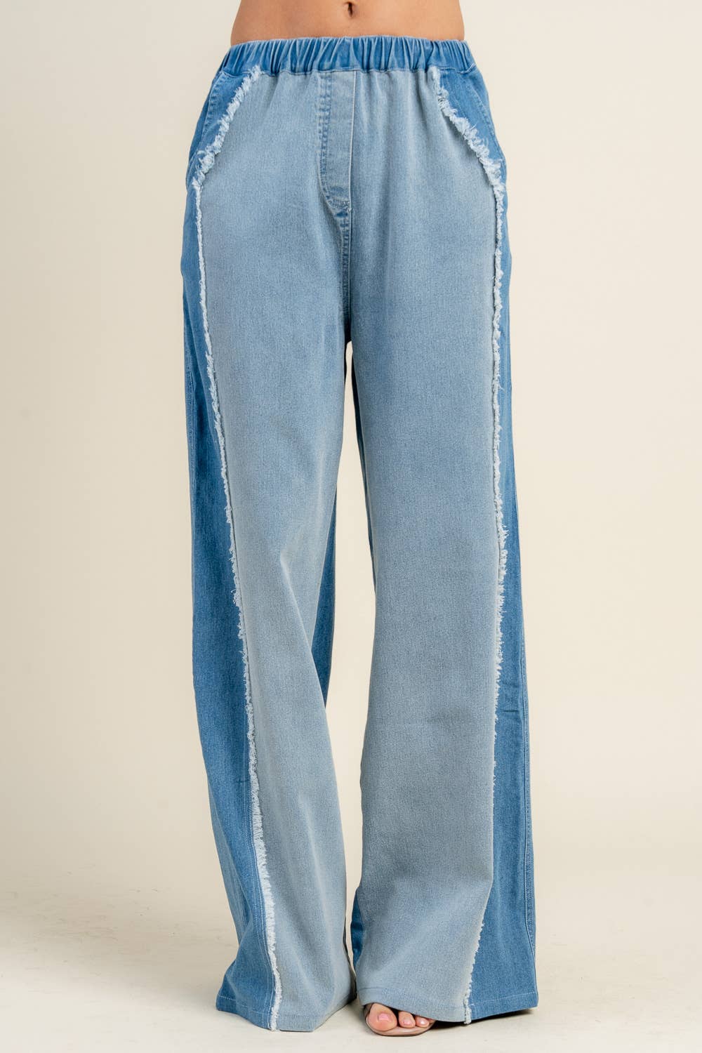 LIGHT INDIGO BP4837N / DENIM COLOR BLOCK WIDE LEG PANTS W/FRAY EDGE
 for wholesale on Faire1