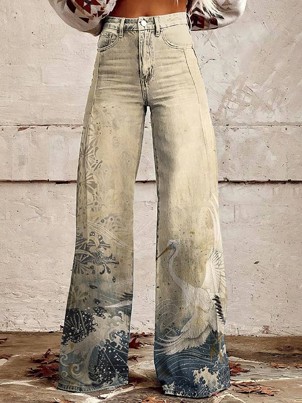 Tourtiwi - Wholesale Pants - Women's - Women's wide leg flared pants imitation denim trousers