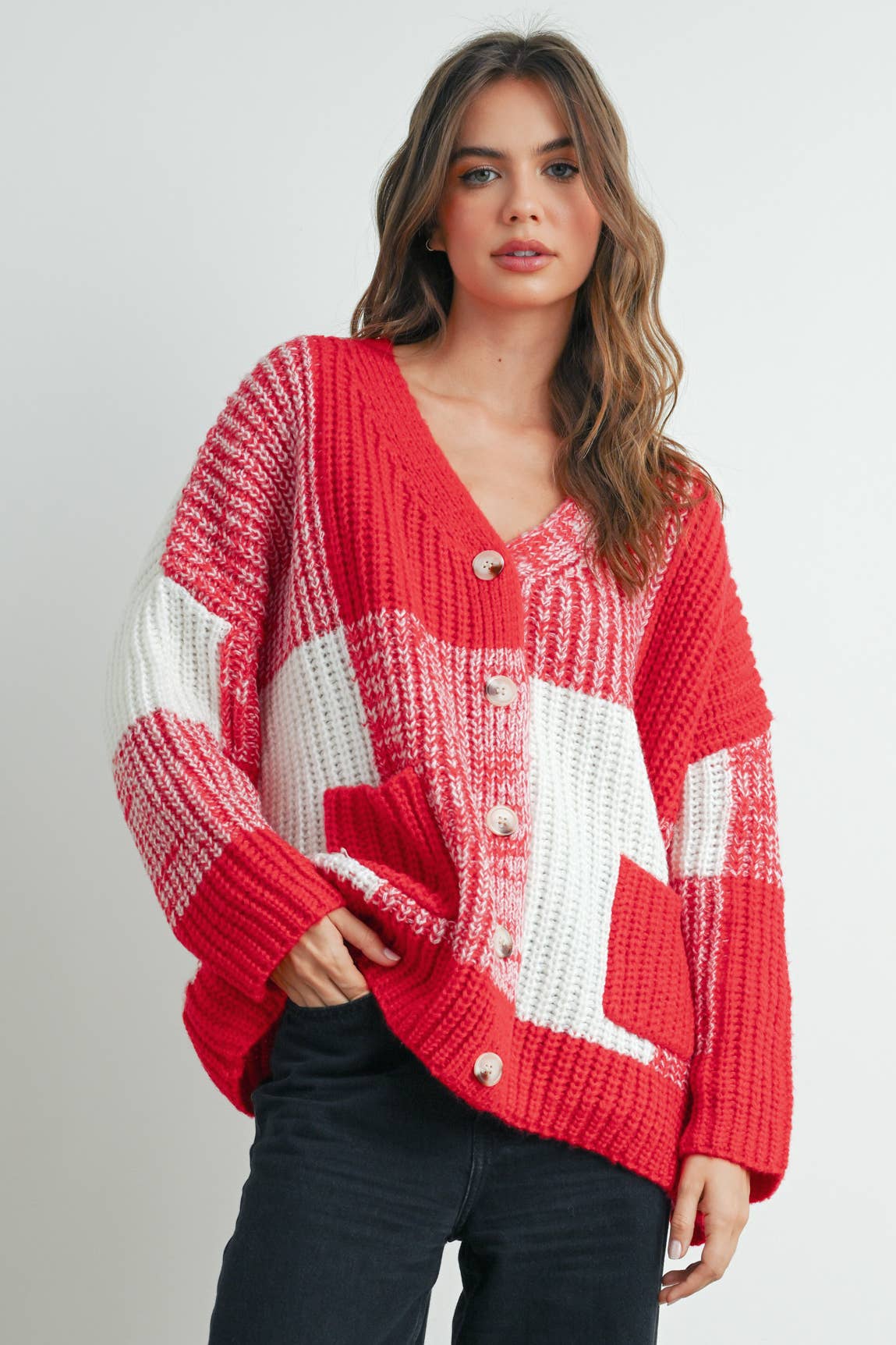 BUTTERMELON - Vendita all'ingrosso Cardigan - Donna - Cardigan oversize a quadretti con spalla scesa - BMC76072