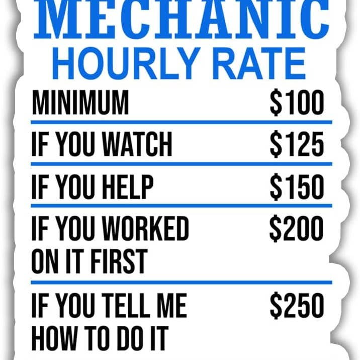 Mechanic Hourly Rate Sticker for wholesale by Lyrical River Designs