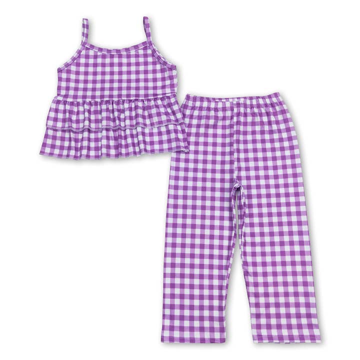 Sleeveless purple plaid ruffle top pants girls outfits for wholesale by Yawoo Garments