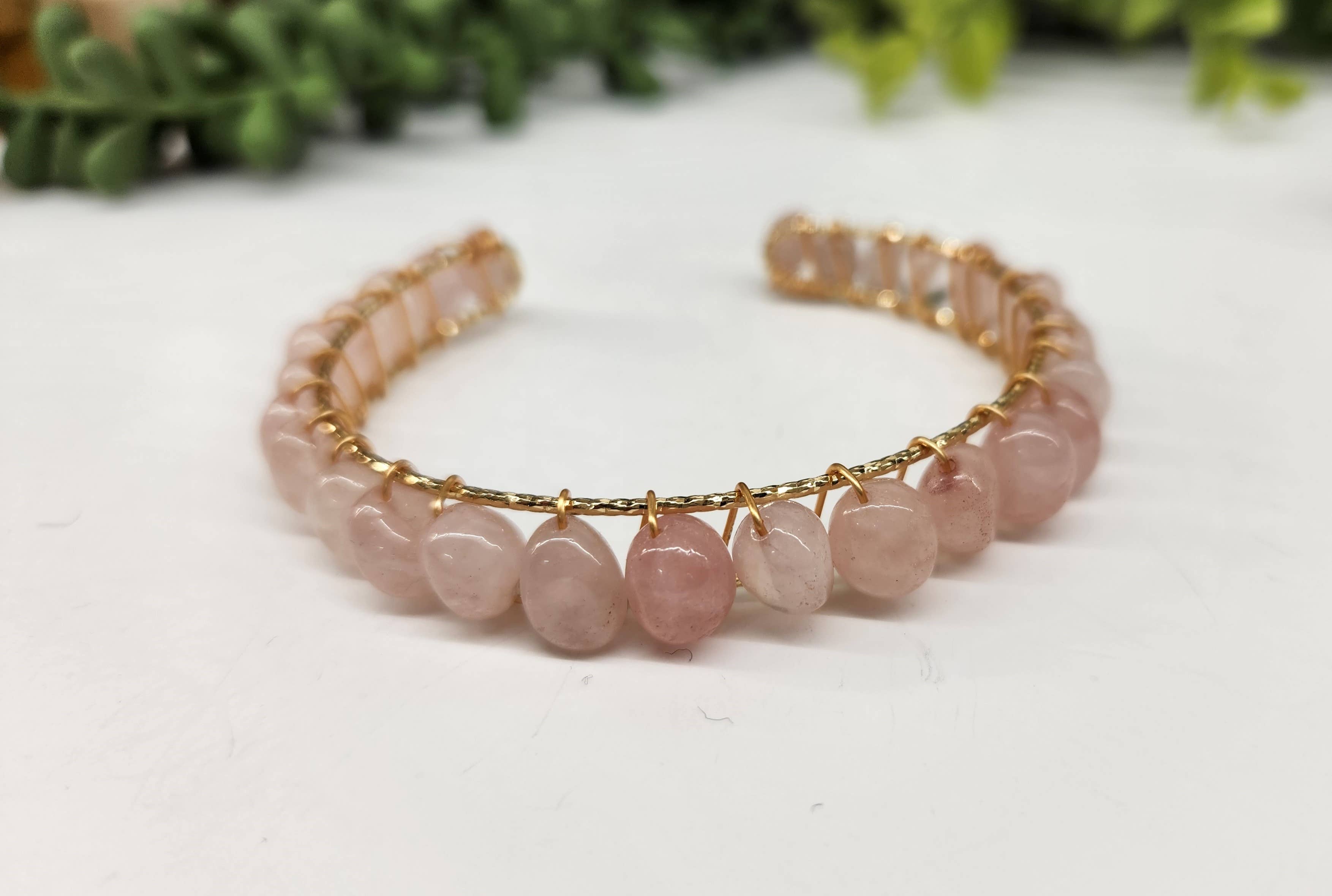 Meraki Gemstones - Wholesale Cuff Bracelet - Rose Quartz Bangle/Cuff/Wire Wrapped -18kt. Gold Overlay1