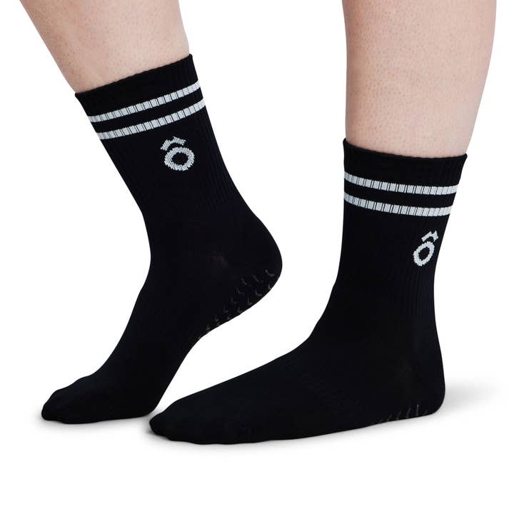 ÔWEAR Crew Sporty Stripes Pilates Grip Socks - Black for wholesale by FOLD Reformer