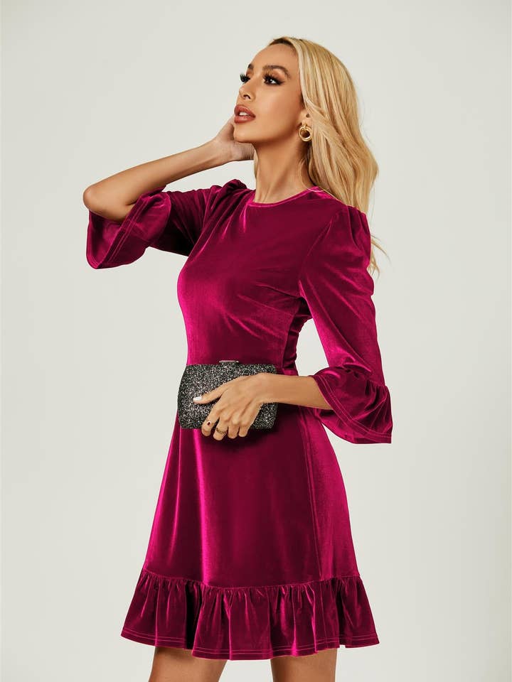 Velvet Frill Detail Mini Dress In Violet for wholesale on Faire5