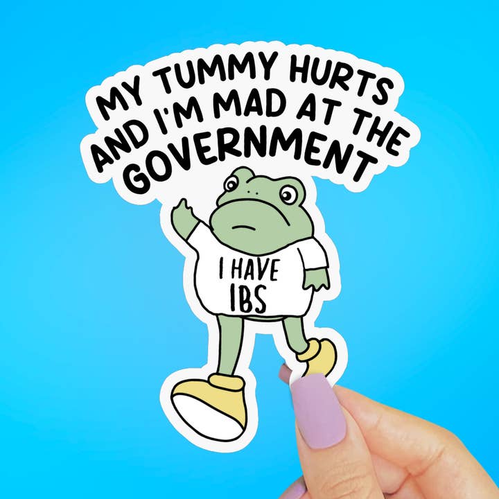 Tummy Hurts & Mad at Government Frog Sticker, Funny Gen Z for wholesale by Pretty Toxic Stickers