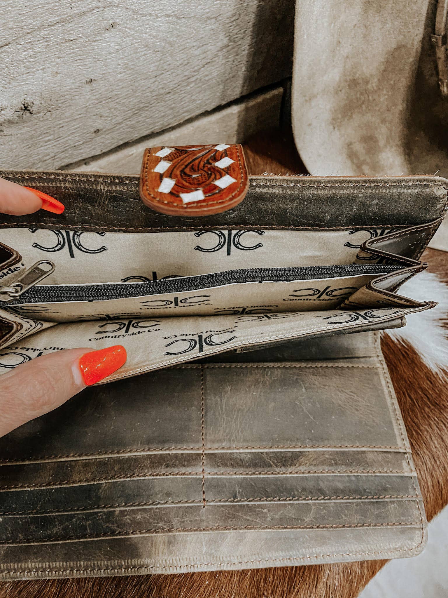 Texas Western Cowhide Bags and More - Wholesale Wallet - Women's - Loretta Cowhide with Tooled Leather Womens Wallet Clutch 2