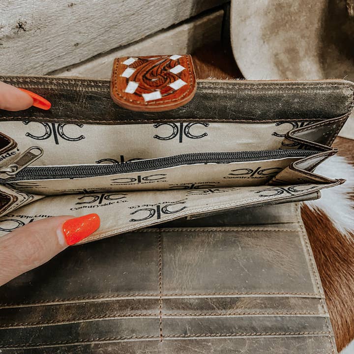 Texas Western Cowhide Bags and More - Wholesale Wallet - Women's - Loretta Cowhide with Tooled Leather Womens Wallet Clutch 2