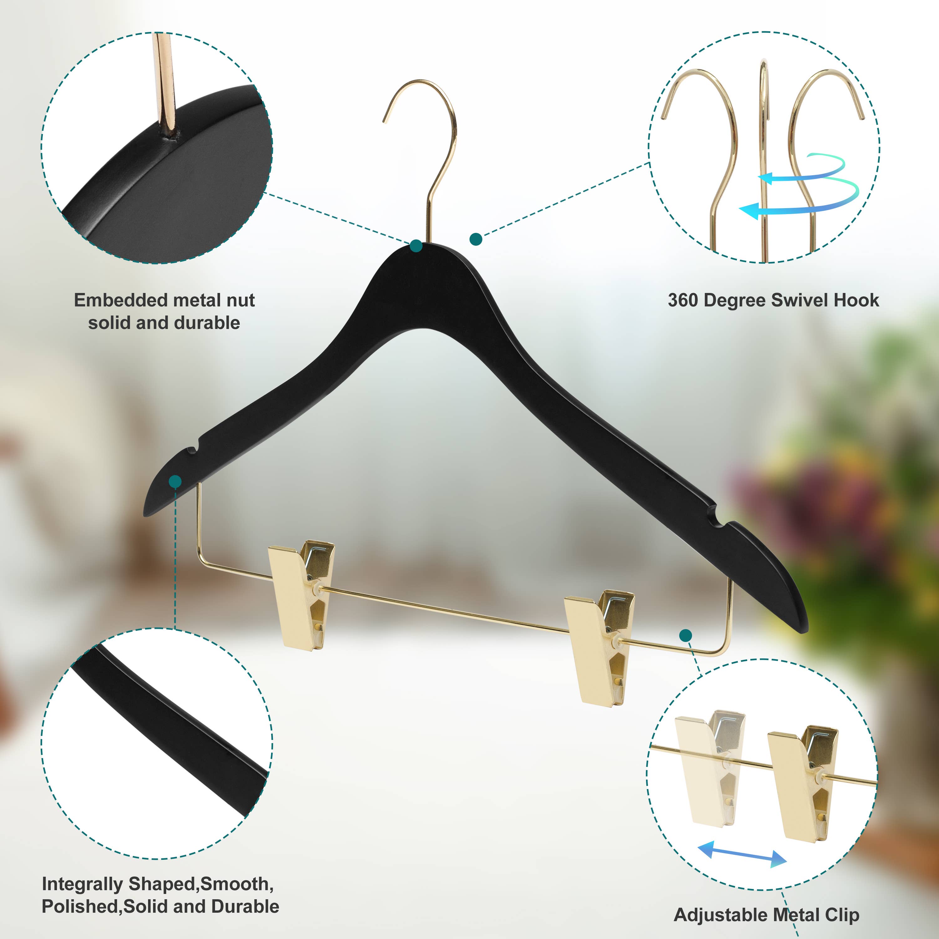 Quality Hangers – Cabides por atacado – WS73 Cabides Ultra Finos para Saias e Calças com Clipes Preto/dourado - 5 Unidades5