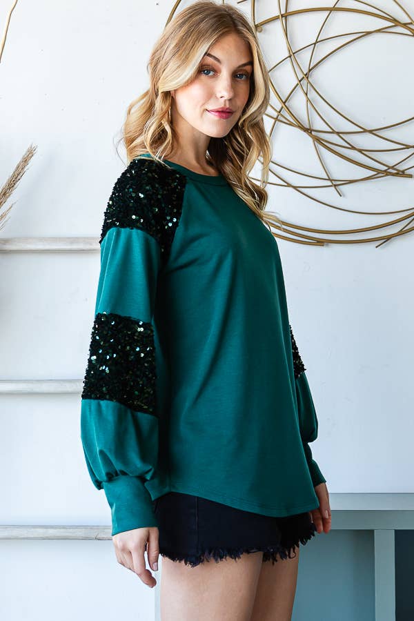 7th Ray - Wholesale Sweatshirt - Women's - [PLUS SIZE] Brushed Sequin Contrast Pullover Top T5341XL14
