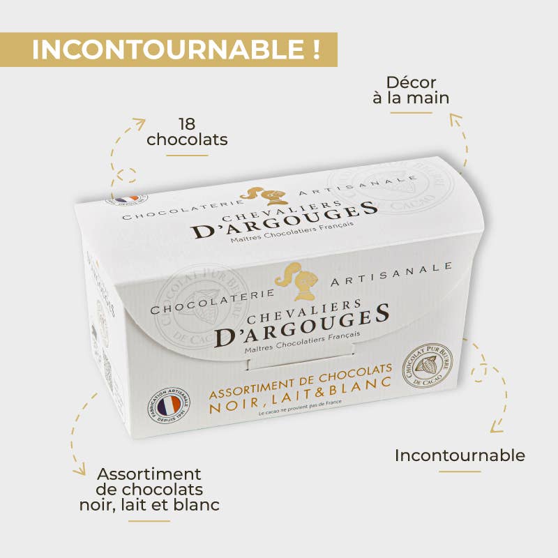Chevaliers d'Argouges - Vendita all'ingrosso Confezioni di cioccolatini - SCATOLA 18 CIOCCOLATINI - CIOCCOLATO FONDENTE, CIOCCOLATO AL LATTE, CIOCCOLATO BIANCO2
