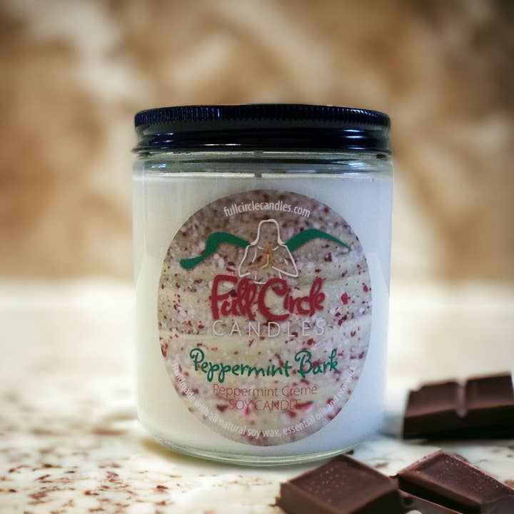 Bougie de soja au chocolat à la menthe poivrée | Écorce de menthe poivrée pour la vente par Full Circle Candles and Gifts