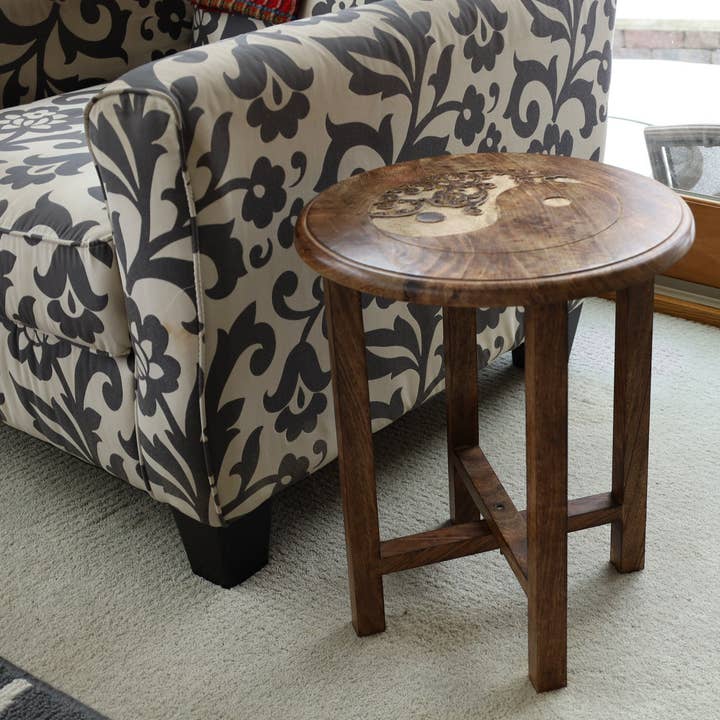 Lungta Imports - Wholesale Vase - Hand Carved Wooden Round Meditation Table. Altar Table. Prayer Table. Puja. Shrine Table . Side or End Table 19 Inches High6