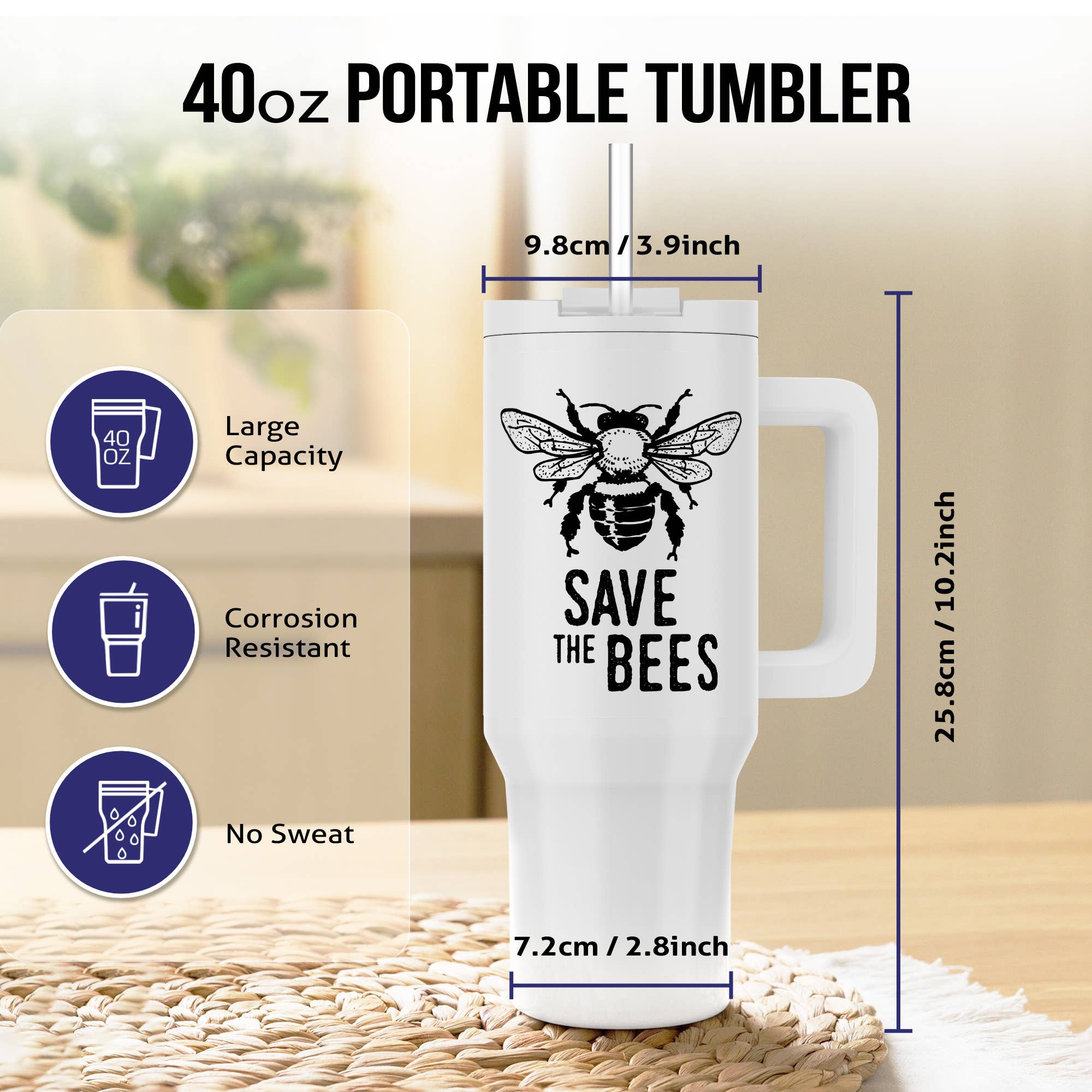 3dRose - Wholesale Insulated Mug/Tumbler - 3dRose, Save the Bees with a bee. Bold black lettering on white background., Tumbler6