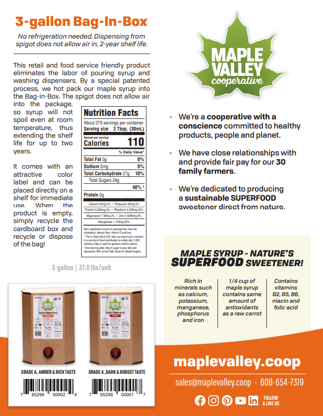 Maple Valley Cooperative - Wholesale Maple Syrup - Maple Syrup Organic Amber & Rich 3 Gallon Bag in Box2