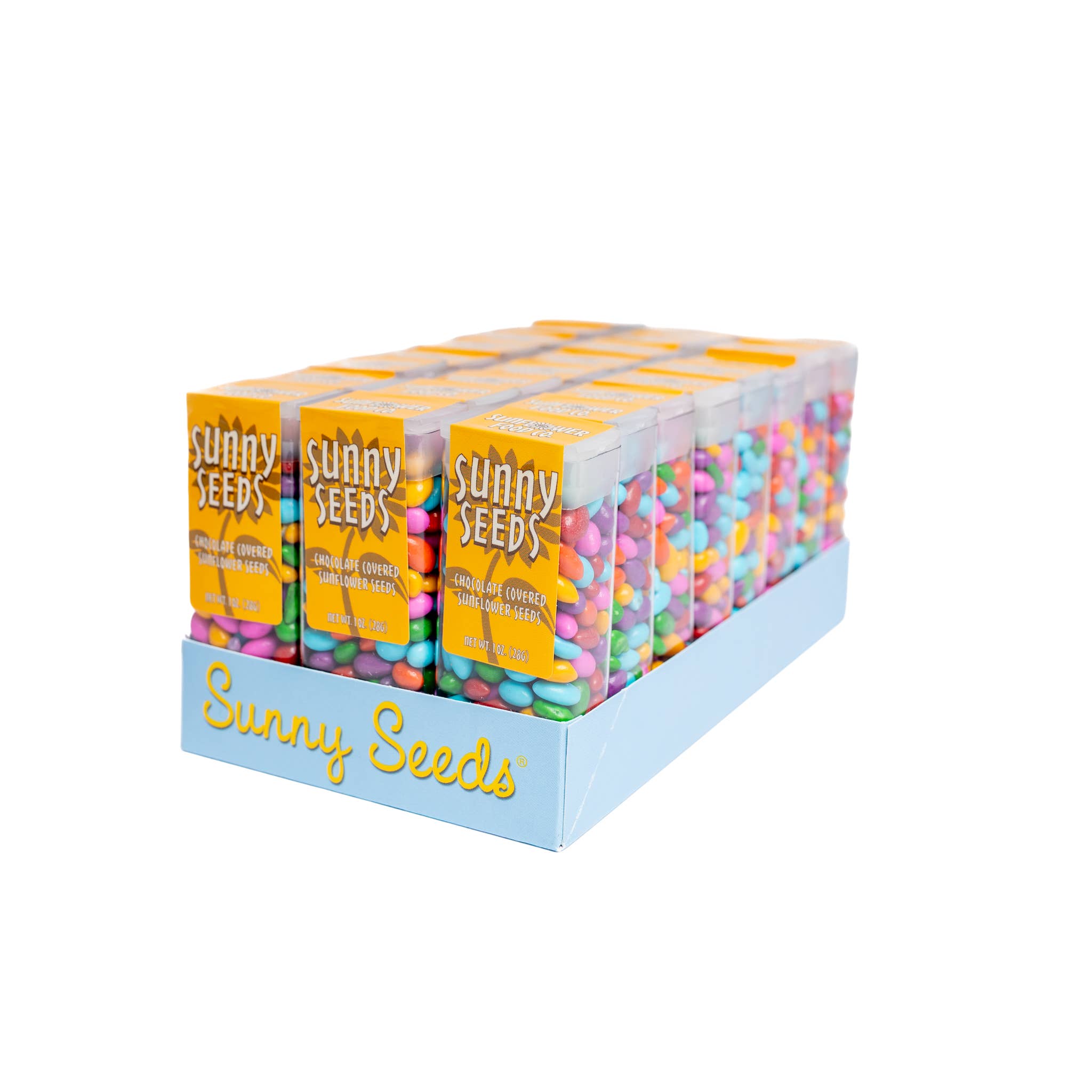 Sunflower Food Company - Vente Friandises enrobées de chocolat - Sunny Seeds® de couleur arc-en-ciel en tubes de 1 oz