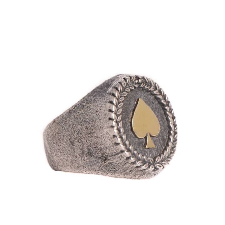 JewelryLab - Venta al por mayor Anillo de sello - Anillo de As de Picas - Plata de Ley 925 con Emblema de Latón