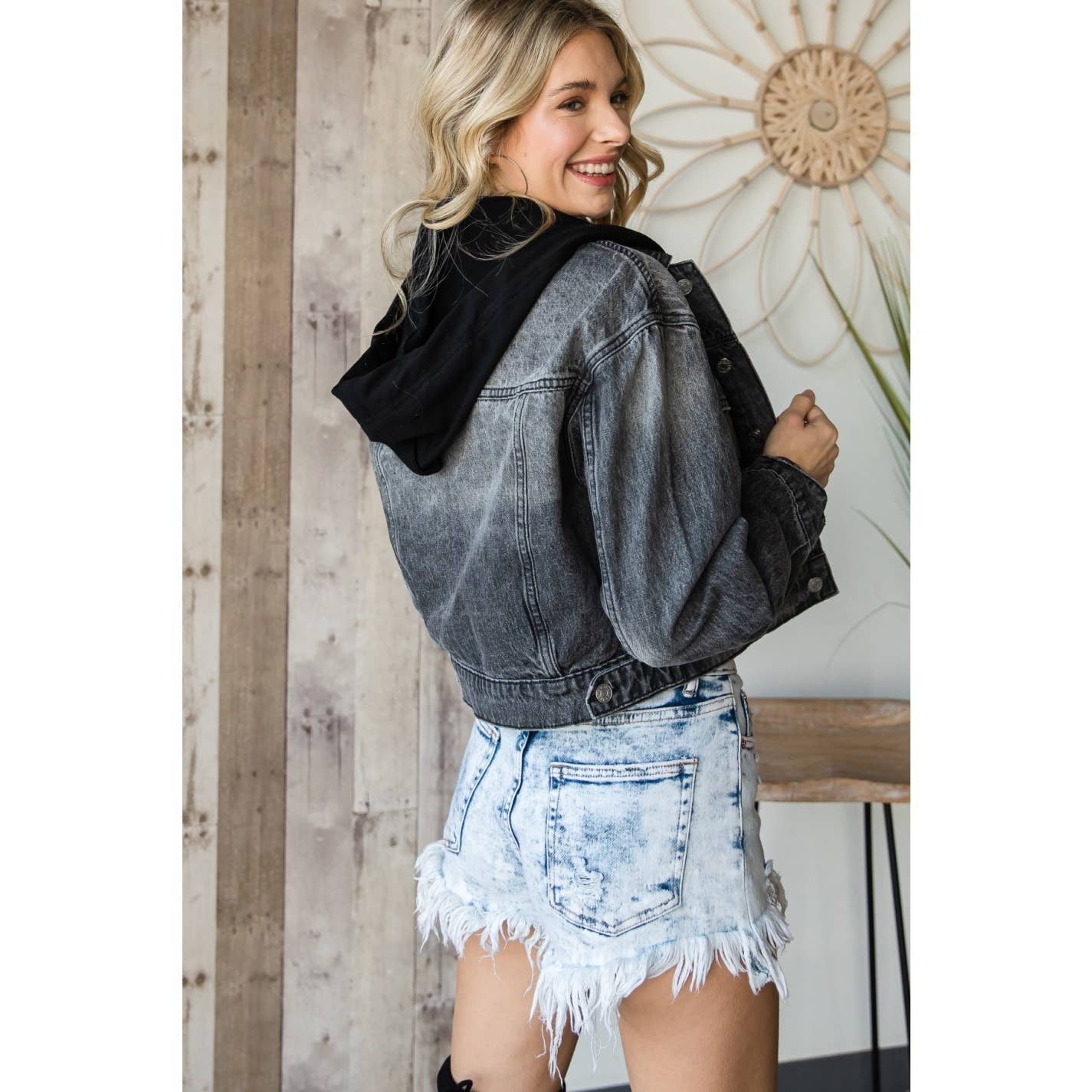 Washed Black Cropped Denim Hood Jacket for wholesale on Faire7