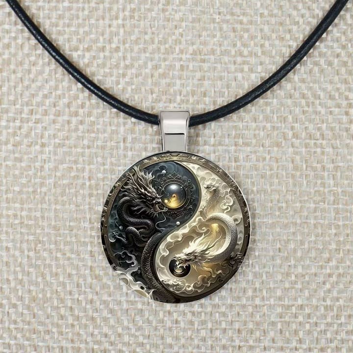 Intricate Yin Yang Highly Detailed Holographic Dragon Pendant Black Leather Cord Necklace, Length Choices, Gift for Her or Gift for Him for wholesale by Jewelry by Dawn