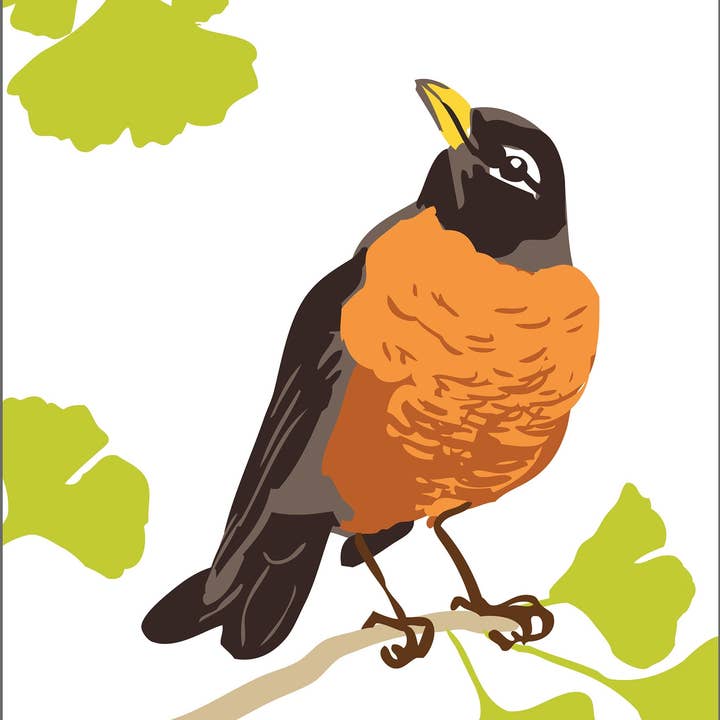 Impression d'art de Robin dans un ginkgo : Oiseaux de jardin pour la vente par Rigel Paper