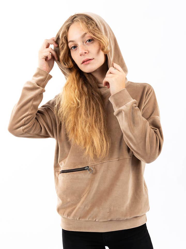 Beige hoodie Side met zwarte ritssluiting en koordjes voor wholesale door StockNow Unipessoal