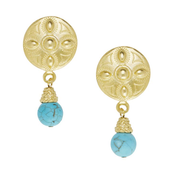 Gold 4 Bead Concho + Matte Turquoise Earrings for wholesale by Susan Shaw