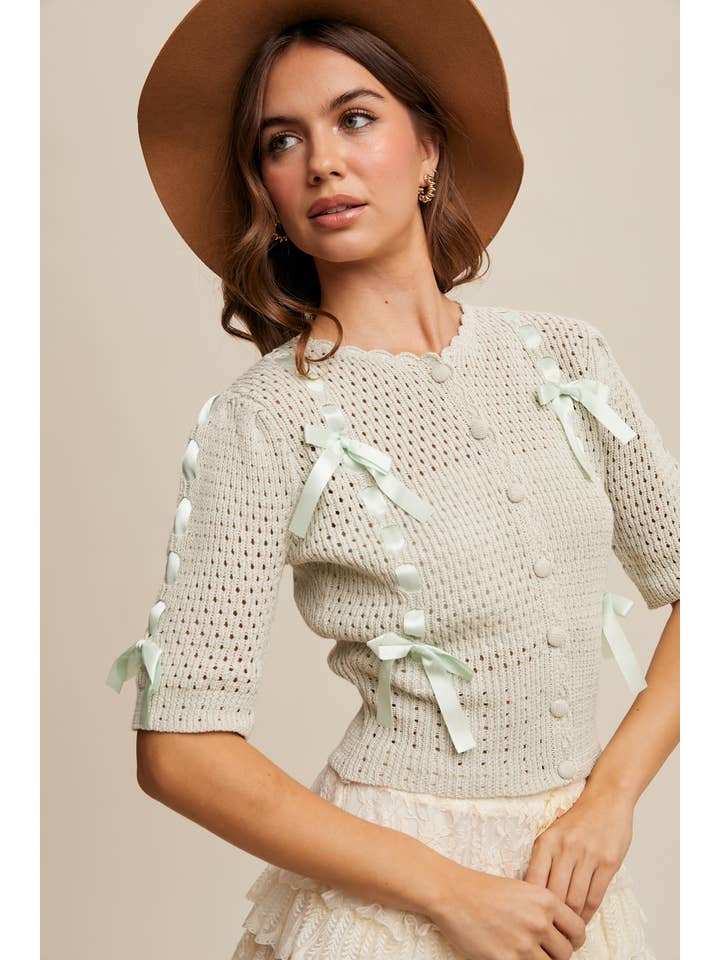 Listicle - Wholesale Cardigan - Women's - Pastel Knit Cardigan with Satin Bow Details