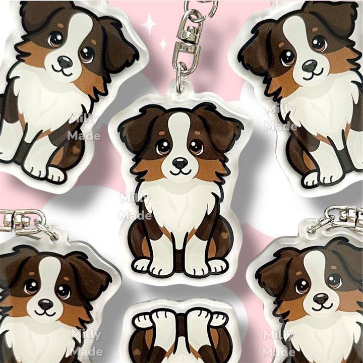 Red Tri-Color Australian Shepherd Aussie Acrylic Dog Keychain with Epoxy Resin | Easy-Clip, Cute Dog Cartoon, Hand-Drawn Design, Dog Lover Gift for wholesale by Milly Made Designs