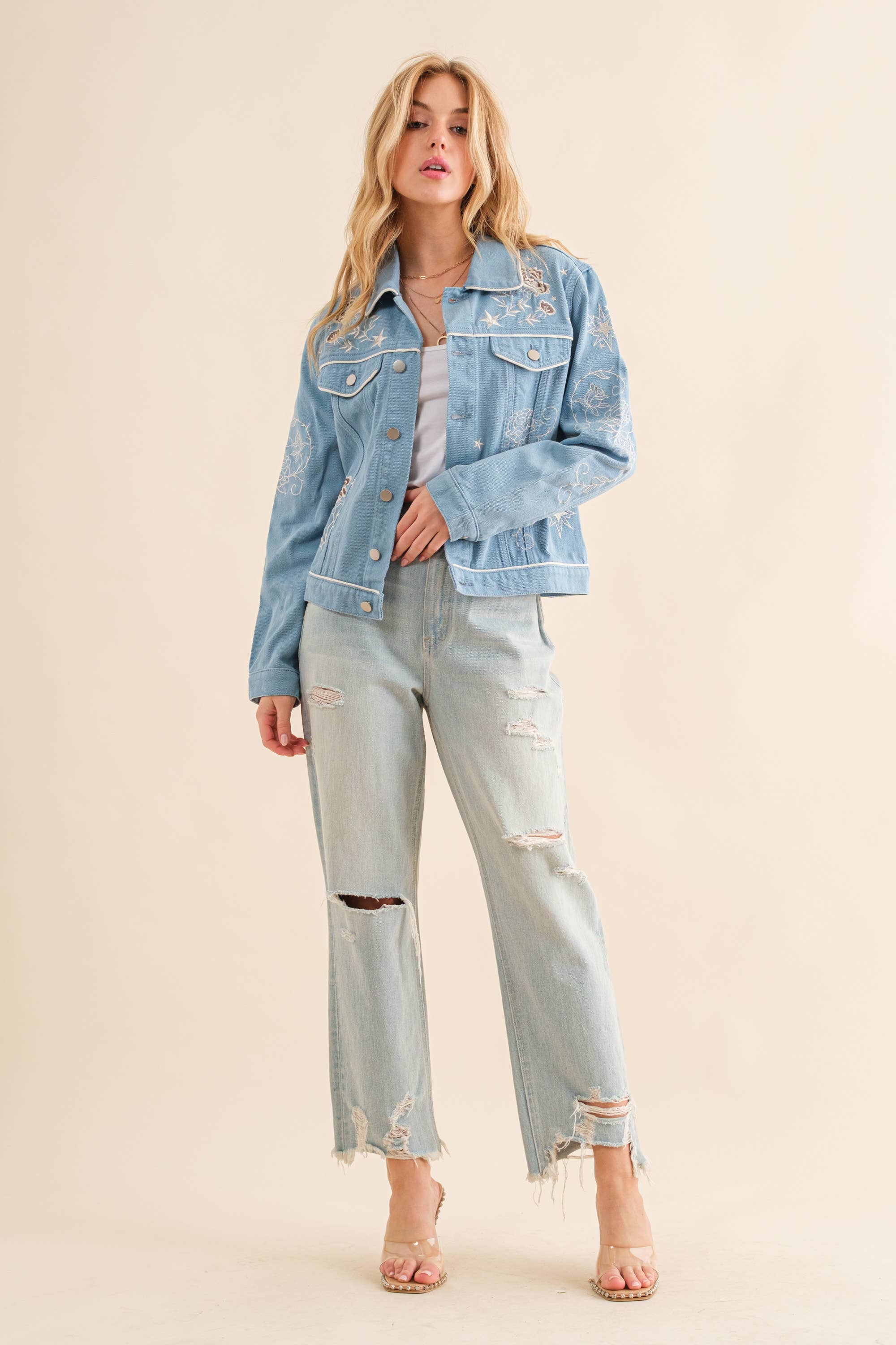 Blue B - Wholesale Denim Jacket - Women's - 17619J - Twill Denim Embroidered Western Button Up Jacket4