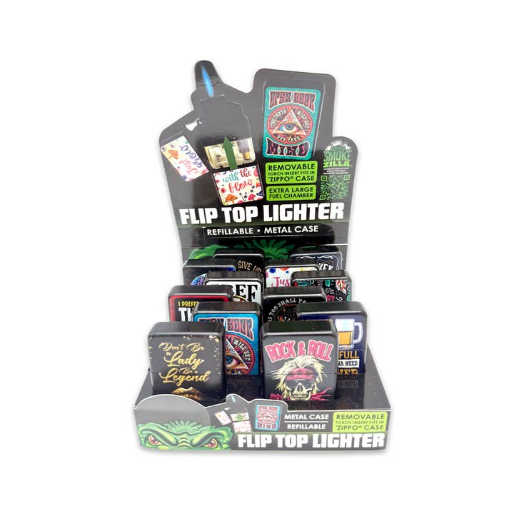 Smokezilla Metal Flip Torch Lighter Assortment - 12/Display for wholesale by Novelty Brands