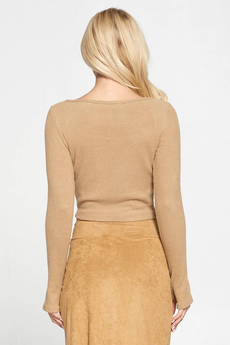 KHAKI Made in USA Ribbed Knit Cut Out Front Top for wholesale on Faire3