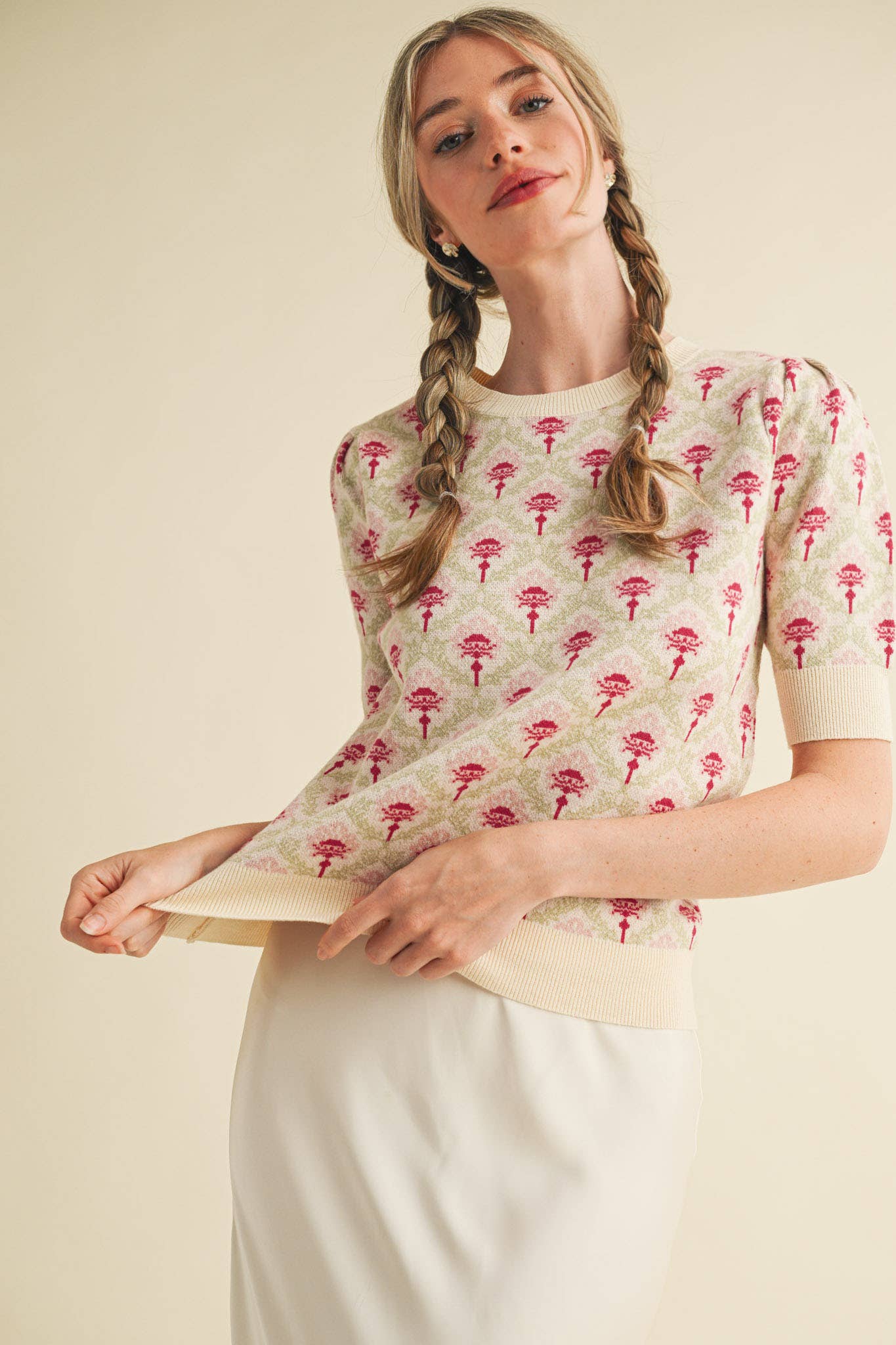 &MERCI - Wholesale Knit Sweater - Women's - FLORAL PATTERN SHORT SLEEVE SWEATER MSW1086026