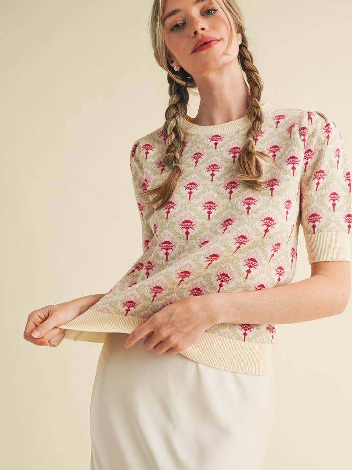 &MERCI - Wholesale Knit Sweater - Women's - FLORAL PATTERN SHORT SLEEVE SWEATER MSW1086026