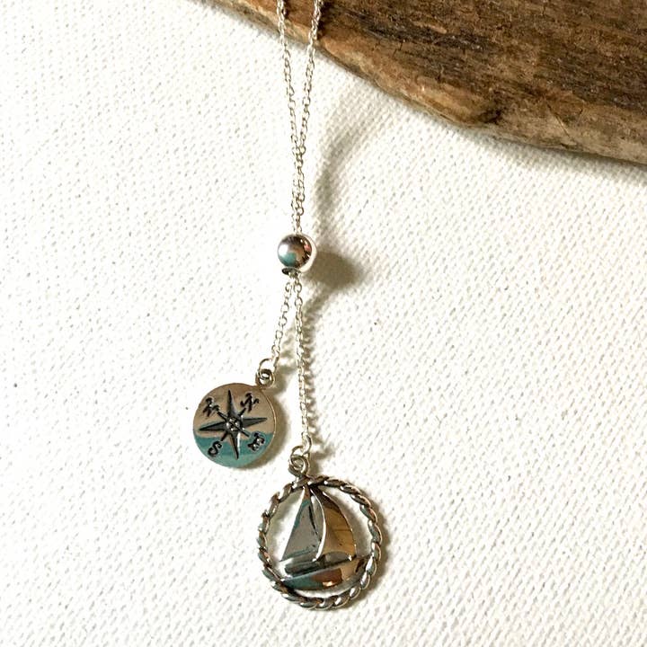 Sailboat Lariat Necklace for wholesale by Jackie Gallagher Designs - Handmade Coastal Jewelry