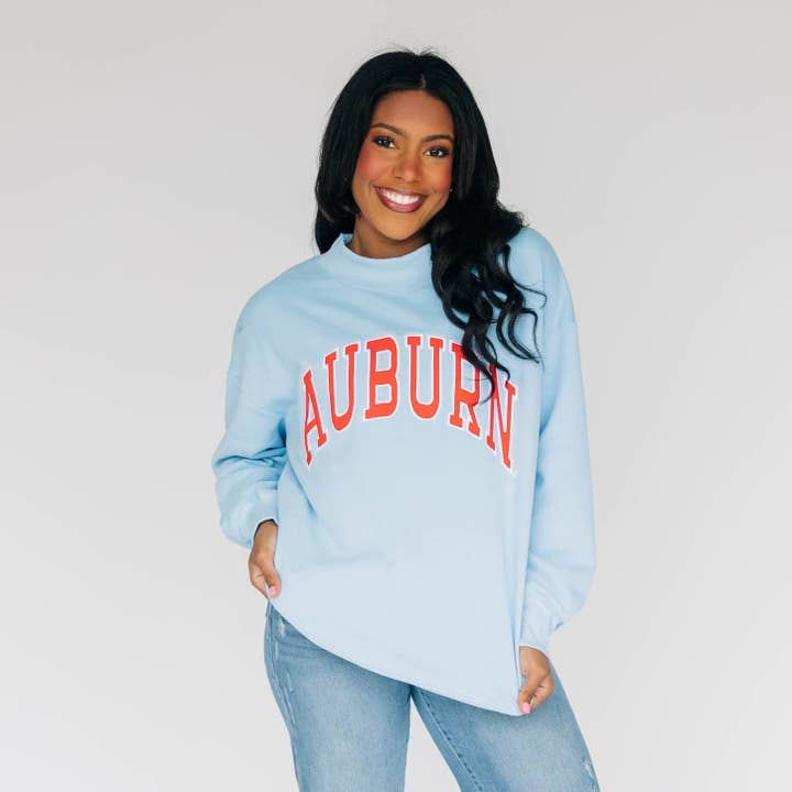 The Madi Classic Mockneck Auburn Applique | Light Blue for wholesale by Scarlet & Gold