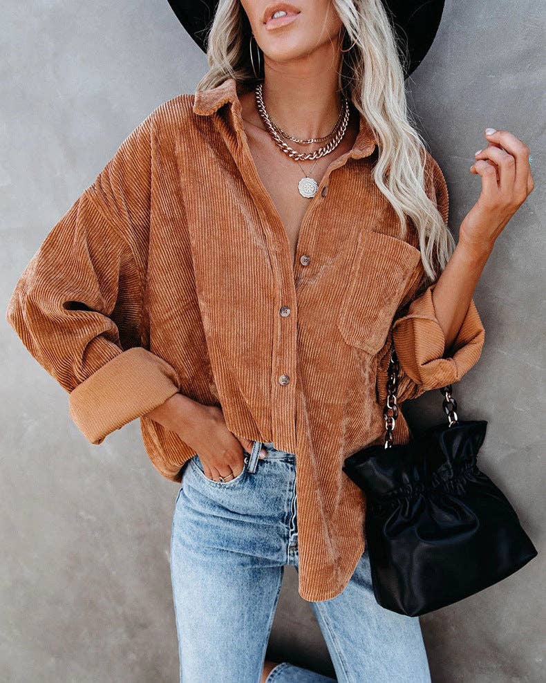 Lovesoft - Wholesale Button Down Shirt - Women's - Women's Solid Color Loose Casual Corduroy Shirt19