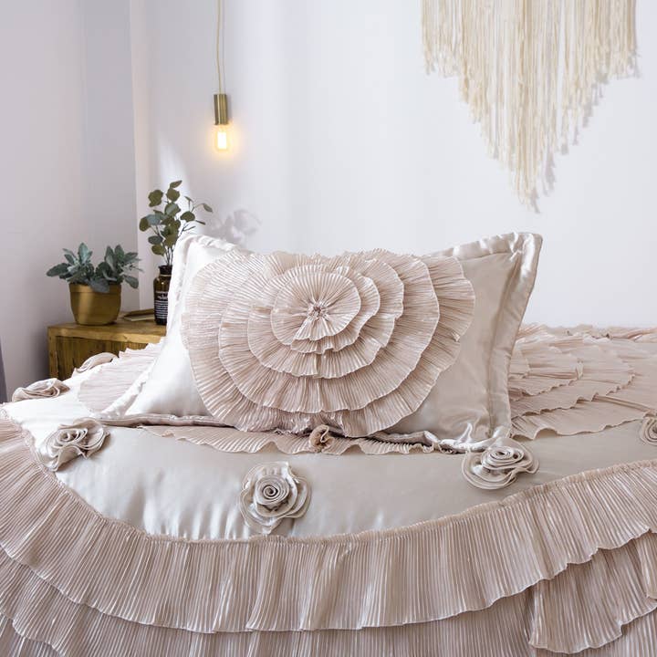Tache Home Fashion - Wholesale Bedding Set - Tache Satin Ruffle Luxury Floral Champagne Beige Frosted Field Comforter Set (MZ1051)7