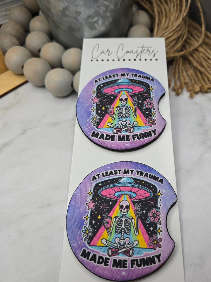 Trauma Car Coasters for wholesale by Woody Bee Creations