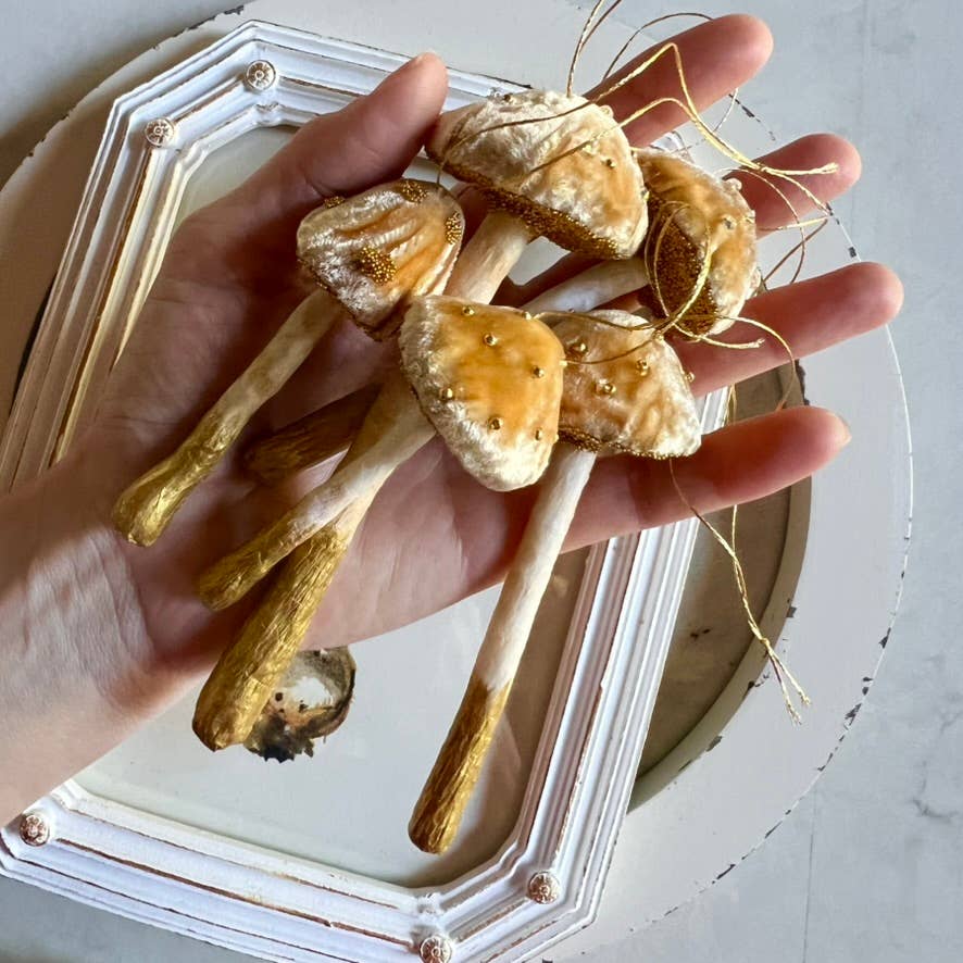 Wonder Objects – wholesale Ornament – Yellow Velvet Mushroom Ornaments with Crystals and Beads3