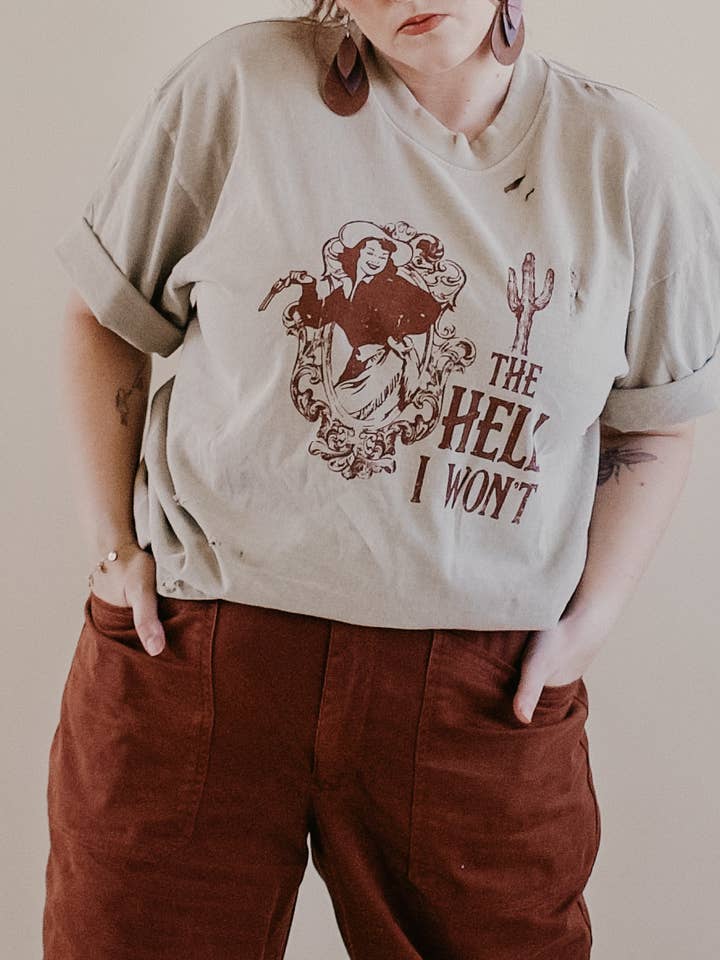 Distress Hell I Won't Oversized Western Cowgirl Graphic Tee for wholesale by Uncommon Wild