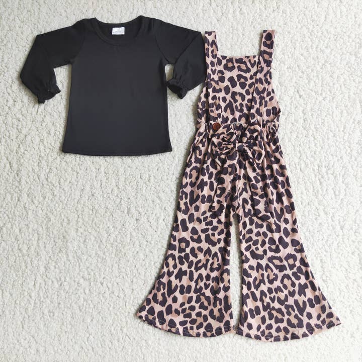 Yawoo Garments - Wholesale Top & Pant Set - Kids - Black cotton shirt leopard print overalls girls clothing1
