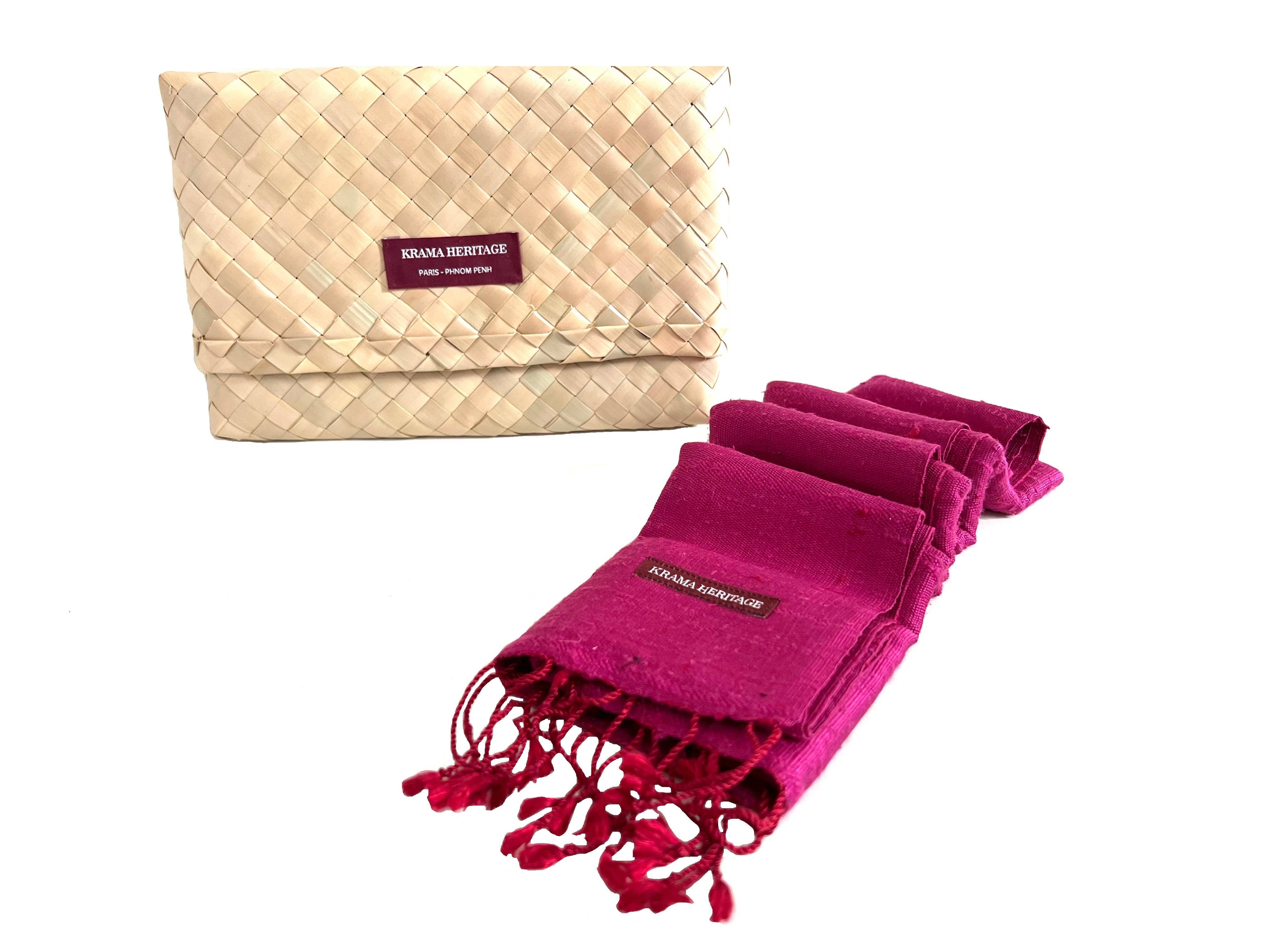 Krama Heritage - Wholesale Scarf - Women's - The Textured Fuchsia Krama in its palm leaf case - Woman