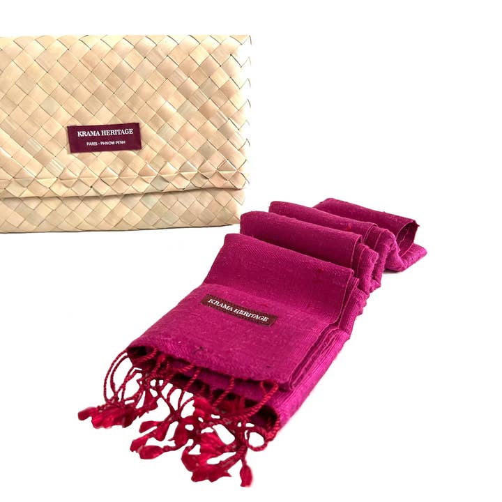 Krama Heritage - Wholesale Scarf - Women's - The Textured Fuchsia Krama in its palm leaf case - Woman0