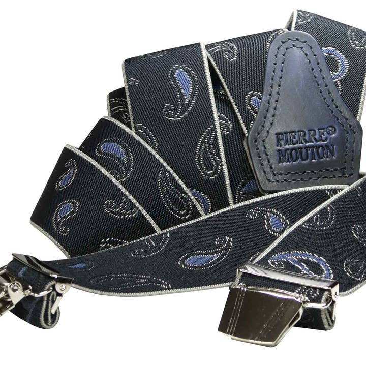 Bretelle bleue Paisley, 3 agrafes/120 cm | Fait main pour la vente par Pierre Mouton