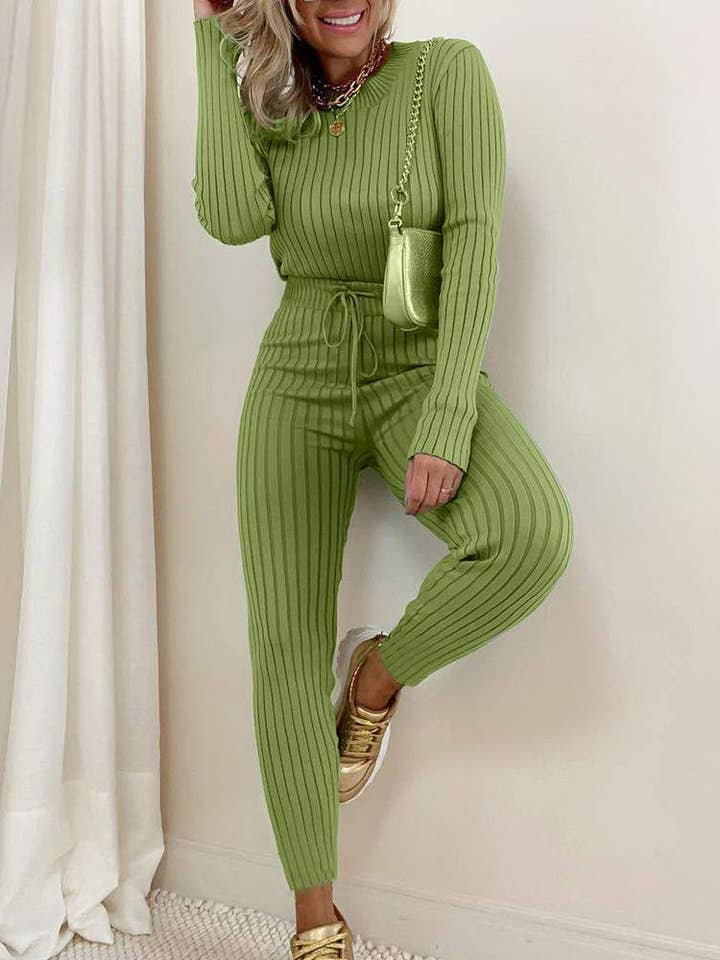 GREEN sleeve ribbed knit top drawstring waist pants set for wholesale on Faire1