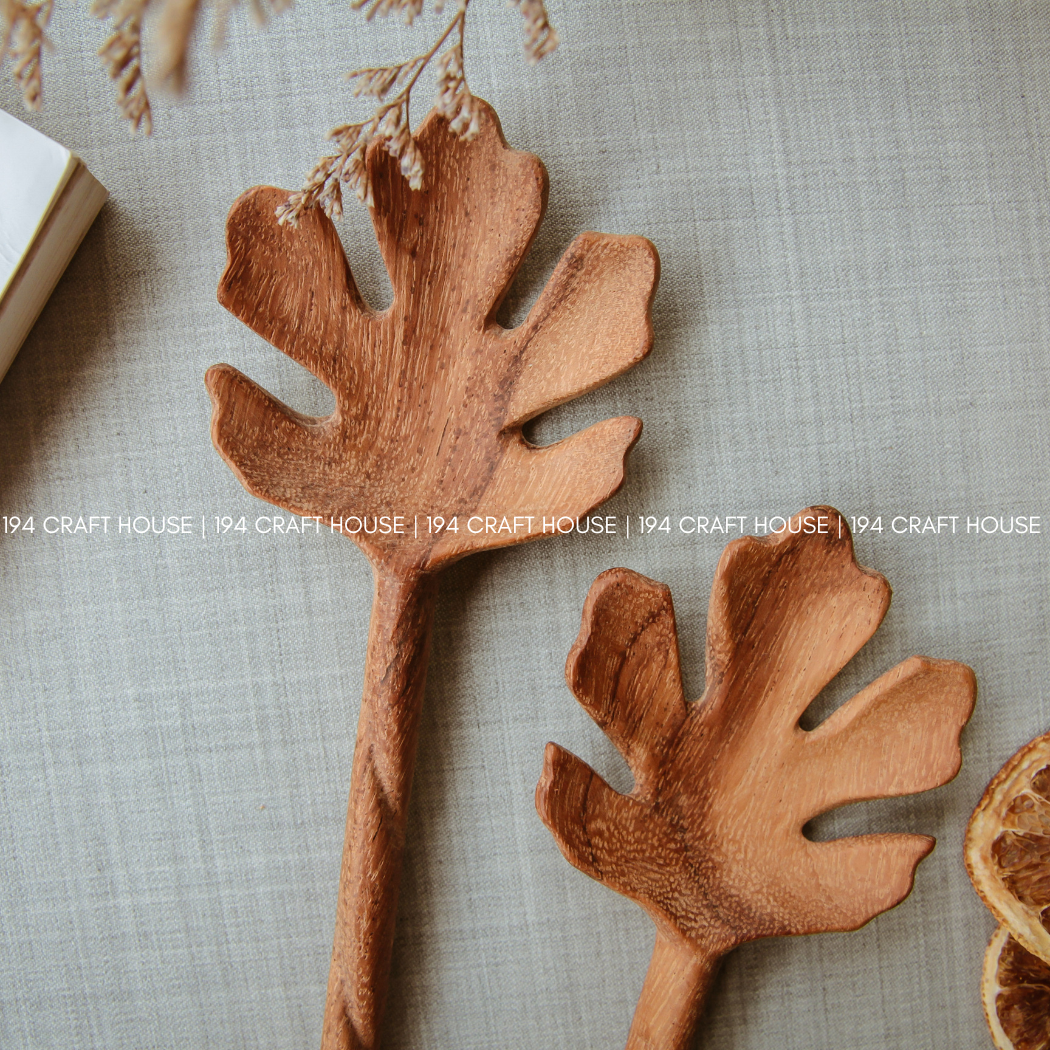 194 Craft House - Wholesale Serving Utensil - Hand Carved Leaf Shaped Wooden Spoon 10" - Serving Spoon8